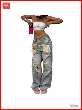 Wide Leg Ripped Low Rise Baggy Distressed Denim Jeans